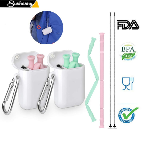 Collapsible Silicone Reusable Foldable Drinking Straw with Carrying Case and Cleaning Brush