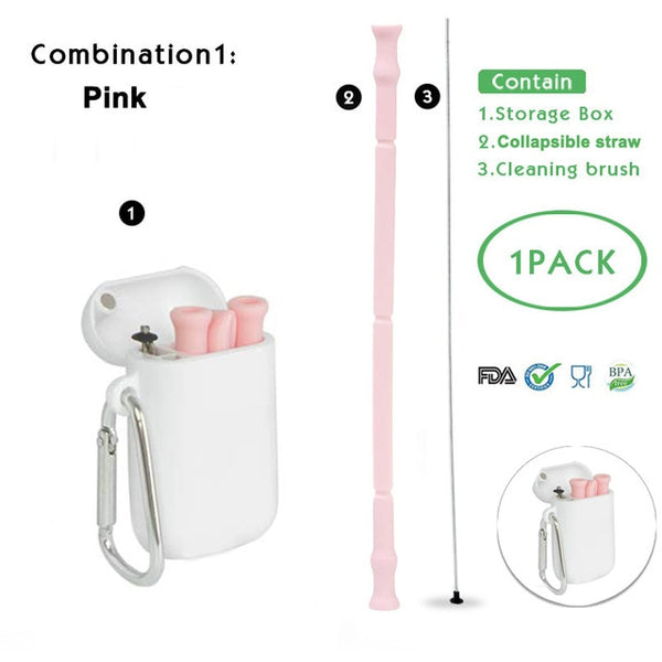Collapsible Silicone Reusable Foldable Drinking Straw with Carrying Case and Cleaning Brush