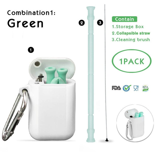 Collapsible Silicone Reusable Foldable Drinking Straw with Carrying Case and Cleaning Brush