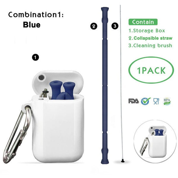 Collapsible Silicone Reusable Foldable Drinking Straw with Carrying Case and Cleaning Brush