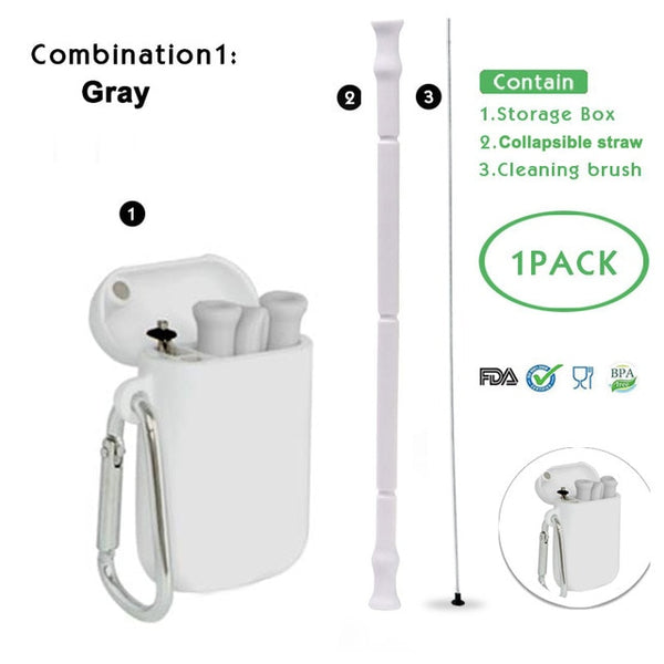 Collapsible Silicone Reusable Foldable Drinking Straw with Carrying Case and Cleaning Brush