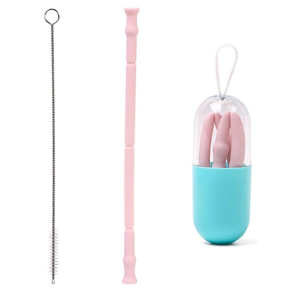 Collapsible Silicone Reusable Foldable Drinking Straw with Carrying Case and Cleaning Brush