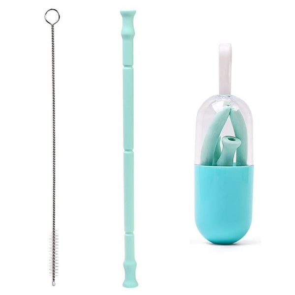 Collapsible Silicone Reusable Foldable Drinking Straw with Carrying Case and Cleaning Brush