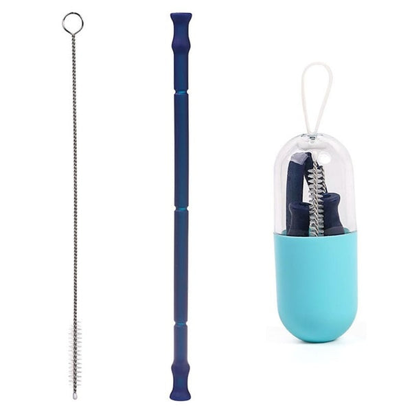 Collapsible Silicone Reusable Foldable Drinking Straw with Carrying Case and Cleaning Brush