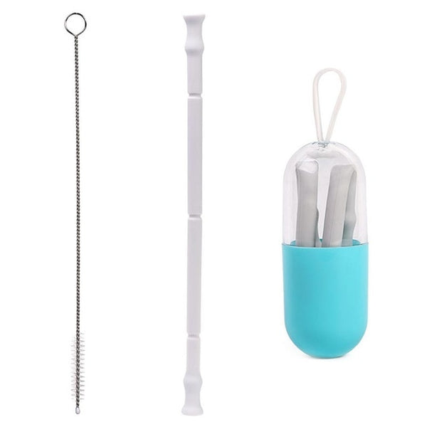 Collapsible Silicone Reusable Foldable Drinking Straw with Carrying Case and Cleaning Brush