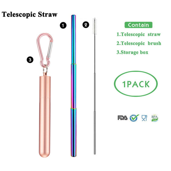 Telescopic Metal Drinking Straw Collapsible Reusable with Case and Brush