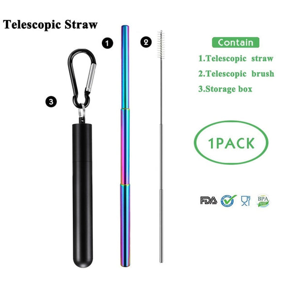 Telescopic Metal Drinking Straw Collapsible Reusable with Case and Brush