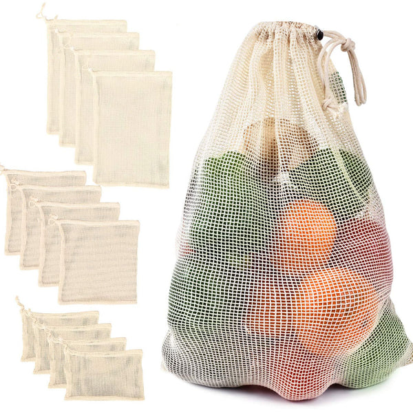 Reusable Cotton Mesh Vegetable Storage Bag  with Drawstring