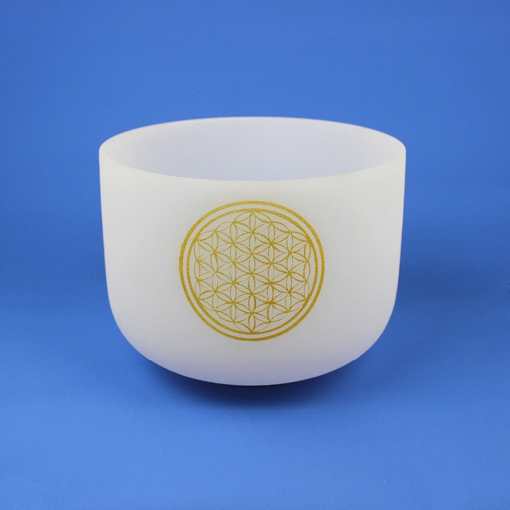 8 inch Note G Quartz 440 Hz Chakra Flower of Life  Frosted Crystal Singing Bowl + Rubber Sticker