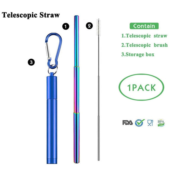 Telescopic Metal Drinking Straw Collapsible Reusable with Case and Brush