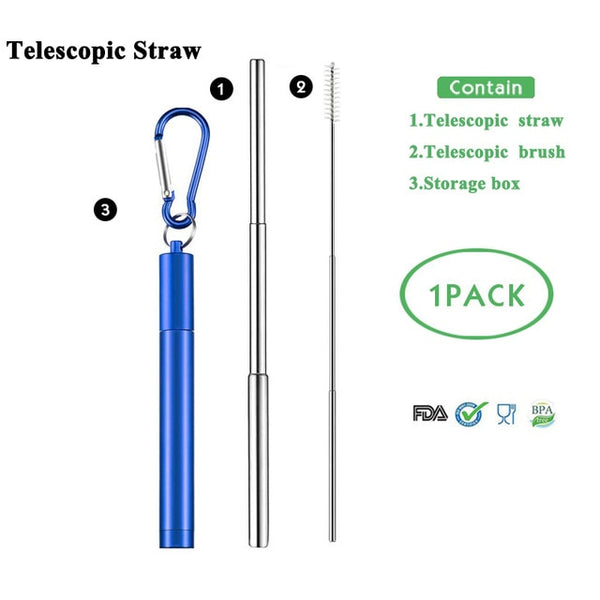 Telescopic Metal Drinking Straw Collapsible Reusable with Case and Brush