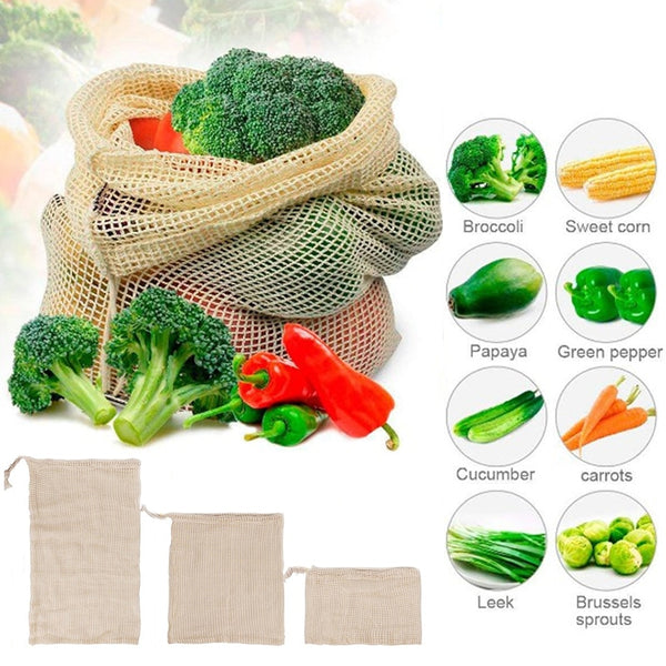 Reusable Cotton Mesh Vegetable Storage Bag  with Drawstring