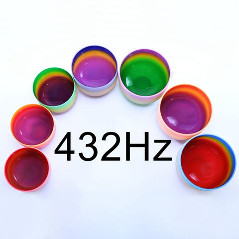 6-12" Set of 7pcs Note CDEFGAB Frosted Quartz 443 Hz Rainbow color Chakra Crystal Singing Bowls