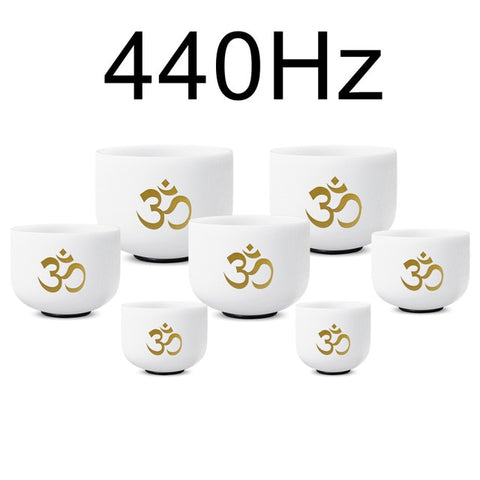 6-12" Set of 7pcs Note CDEFGAB Frosted Quartz 440 Hz Om Design Chakra Crystal Singing Bowls