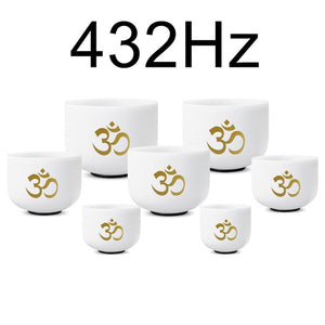 6-12" Set of 7pcs Note CDEFGAB Frosted Quartz 432 Hz Om Design Chakra Crystal Singing Bowls